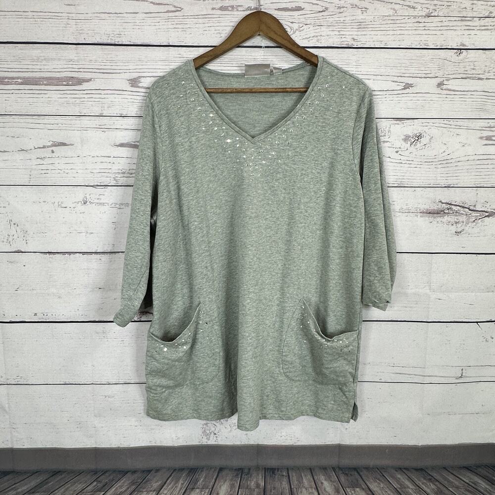 Quacker Factory Top Shirt Womens‎ XL Gray Vneck Pockets Emebllished Rhinestone